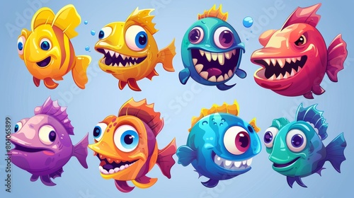 Smiling fun baby marine clipart with face and mouth. A set of exotic angler fish and cheerful creatures. Modern animated fish.