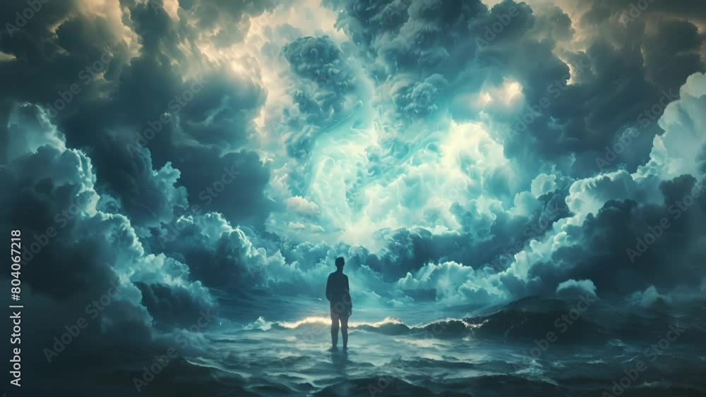 A man standing alone on a beach, looking out at a stormy sea. The sky is dark and the waves are crashing against the shore. A man standing alone on a beach, looking out at a stormy sea. The sky is dark and the waves are crashing against the shore.