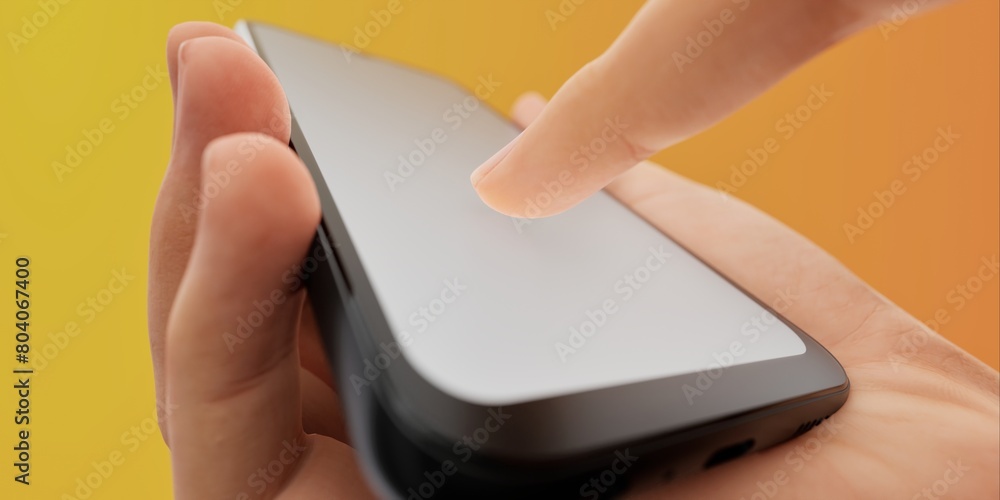 Smartphone in hand against a bright yellow backdrop, ideal for app promos Smartphone in hand against a bright yellow backdrop, ideal for app promos