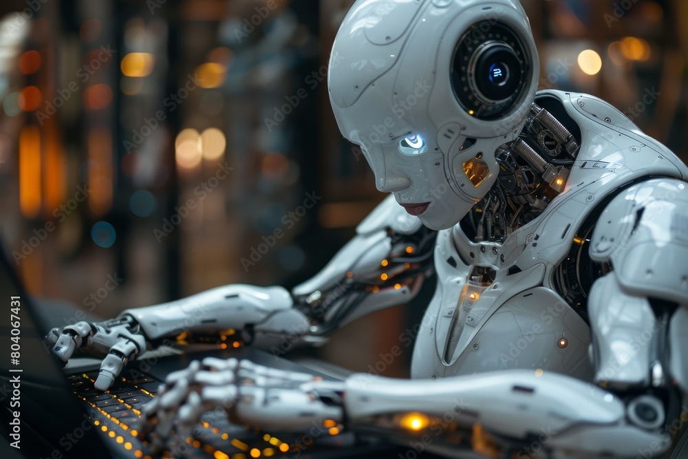 A highly detailed image showcasing a humanoid robot interacting with technology, symbolizing AI and robotics progress A highly detailed image showcasing a humanoid robot interacting with technology, symbolizing AI and robotics progress