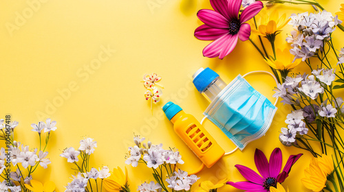 Asthma inhalers with mask and flowers on yellow background photo