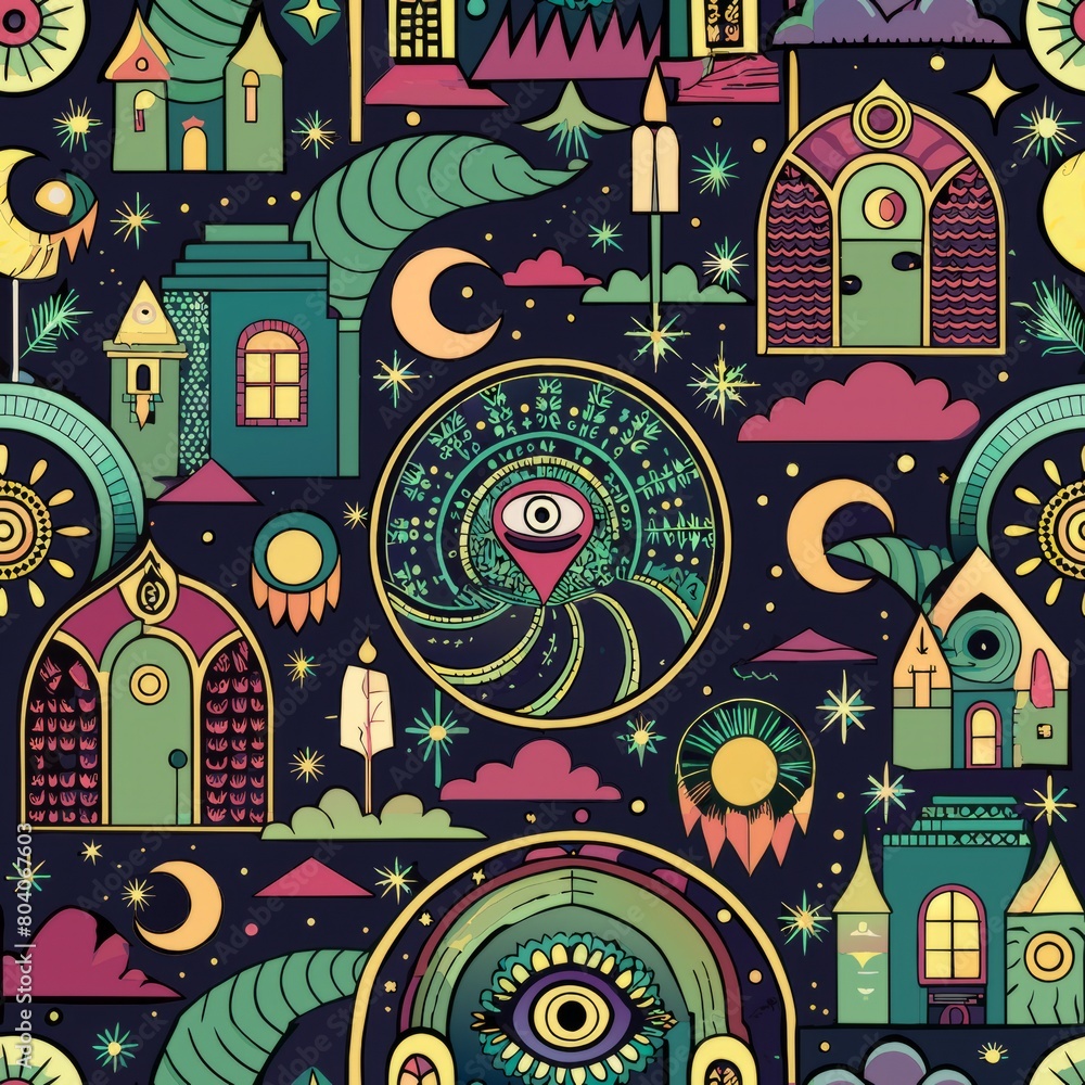 Obraz premium Seamless pattern of mystical portals and secret passageways, Generative AI