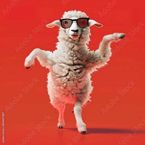 A white sheep with sunglasses, doing dance on red background