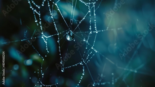 A high-resolution photo of a raindrop on a spider's web, capturing the delicate droplets and the intricate strands of the web.