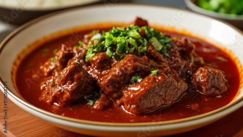  Delicious beef stew with a vibrant red sauce and fresh herbs