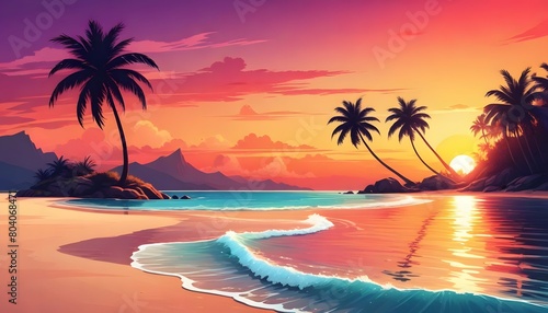  Sea beach landscape. Cartoon summer sunny day  ocean view the horizontal panorama  water sand  and clouds. Vector illustration of beach vacation background