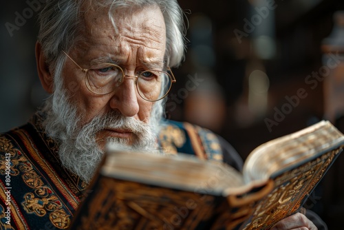 The picture captures a senior man in ornate traditional attire engrossed in reading an ancient book