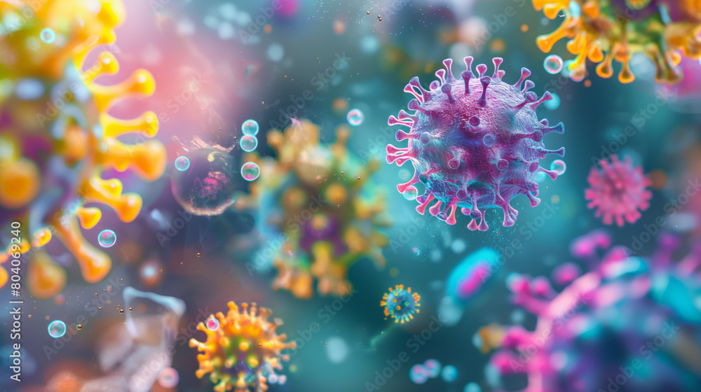 This image portrays a digital visualization of multiple colorful viruses, highlighting their microscopic details This image portrays a digital visualization of multiple colorful viruses, highlighting their microscopic details
