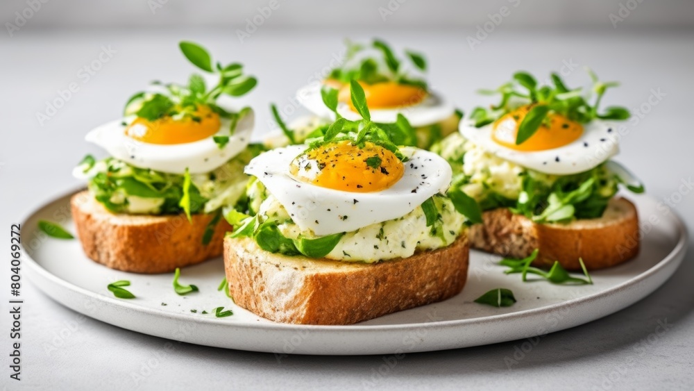 Deliciously simple Eggs on toast garnished with fresh greens Deliciously simple Eggs on toast garnished with fresh greens