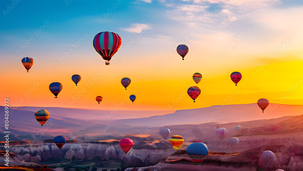 Naklejka premium Whimsical Hot Air Balloons: Festive and Romantic Atmosphere. Perfect for: Festive Celebrations, Romantic Occasions, Event Invitations.