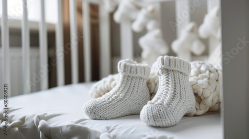 Baby clothes with booties in crib photo