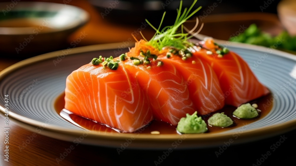 Delicate sushi artistry with salmon and wasabi Delicate sushi artistry with salmon and wasabi
