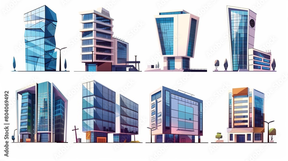 Isolated high skyscraper and oil station exterior of modern company office building modern illustration. Center district house estate graphic symbol for website development.