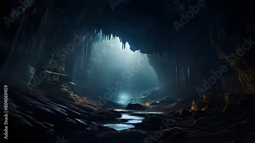 Exploring the Depths: Deep Cave Shrouded in Mystery. Perfect for: Adventure Blogs, Exploration Journals, Mystery-themed Designs.