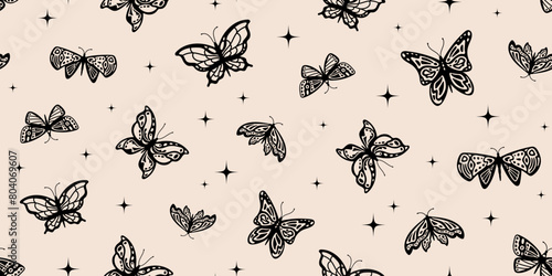 Monochrome butterflies vintage background. Silhouette insects and y2k stars, black graphics. Vector illustration in seventies style. Ink ornament. Fantasy garden, bohemian aesthetic