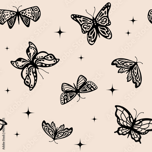 Monochrome butterflies and y2k stars in vintage seamless pattern. Square background with silhouette insects, black graphics. Ink ornament. Vector illustration in seventies style. Fantasy boho garden.