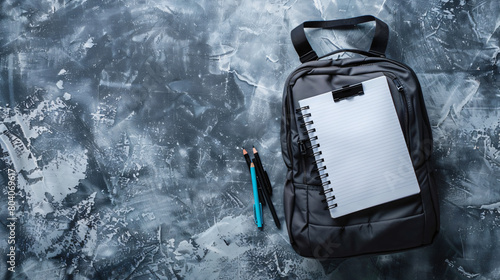 Backpack with blank notebook and stationery on grunge