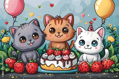 Fondo de pantalla de feliz cumpleaños con lindos gatos. 