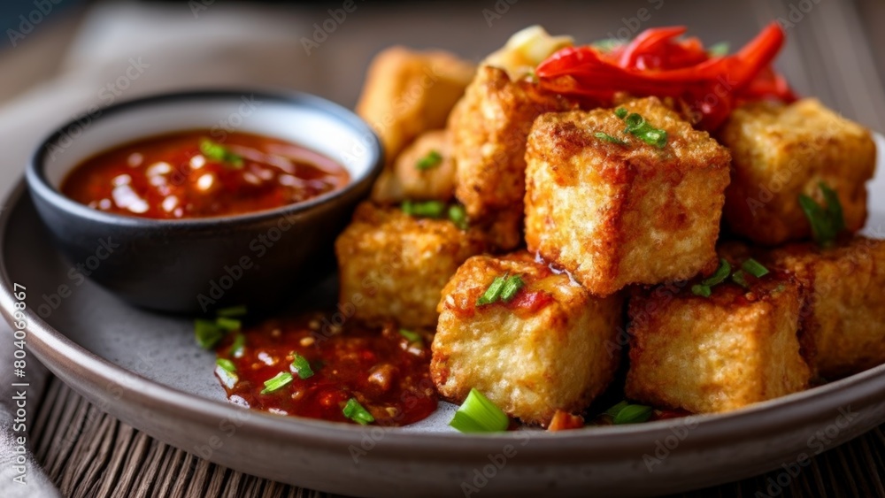Deliciously crispy goldenbrown tofu cubes ready to be savored with a side of vibrant red sauce Deliciously crispy goldenbrown tofu cubes ready to be savored with a side of vibrant red sauce
