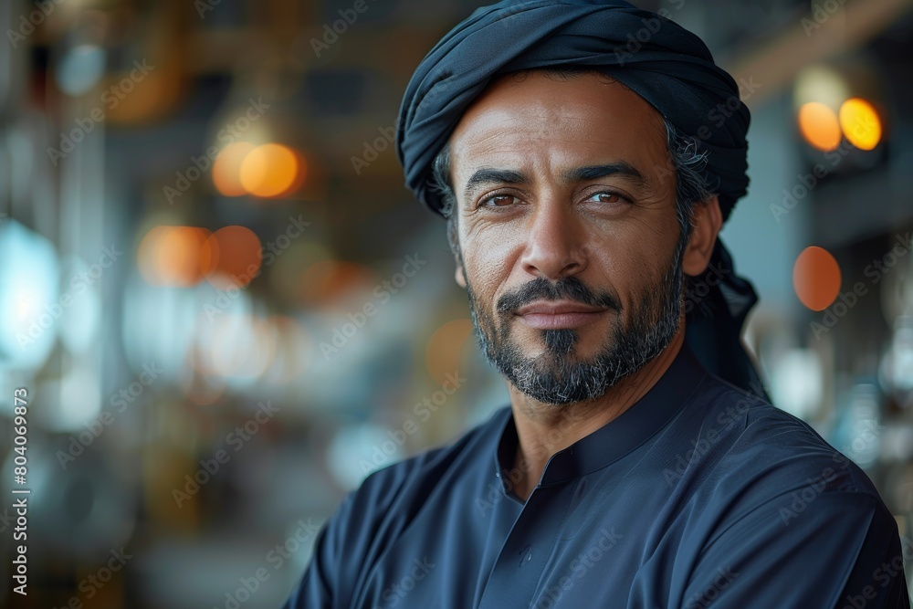 A poised and confident man in traditional attire with a turban smiling A poised and confident man in traditional attire with a turban smiling