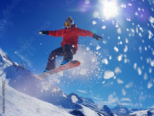 A dynamic shot of a snowboarder mid-jump with snow particles in the air, bright sun, and alpine background.