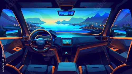 An illustration of a car driving on a road. The interior of the car has a dashboard, steering wheel, gps navigator, and a view of a highway, a sea, and mountains at night.