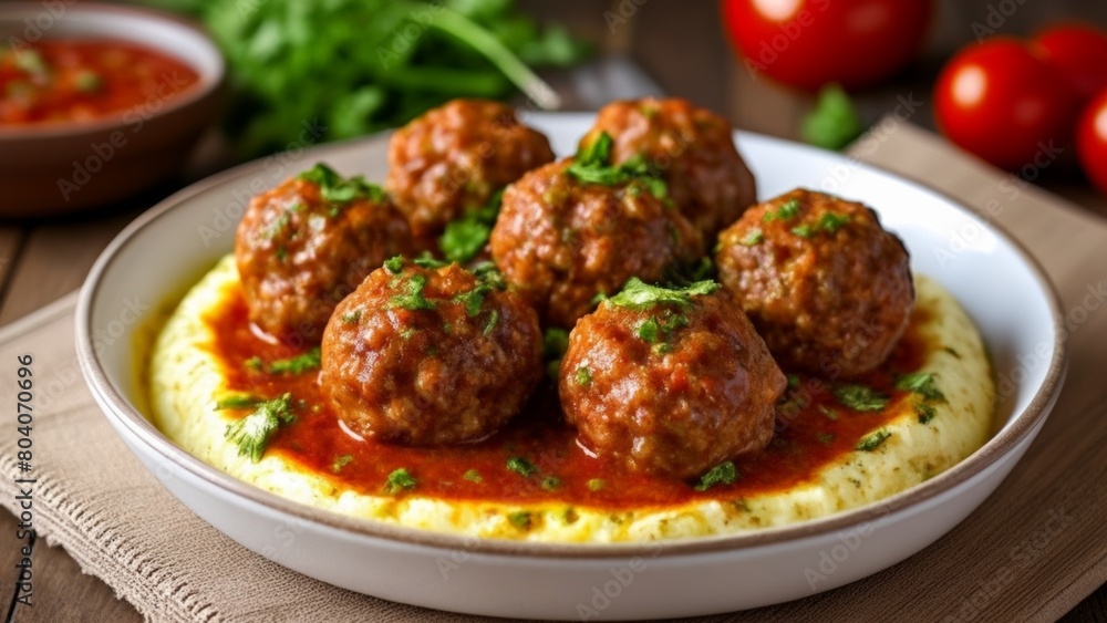 Delicious meatballs in a rich tomato sauce served on a bed of creamy mashed potatoes Delicious meatballs in a rich tomato sauce served on a bed of creamy mashed potatoes