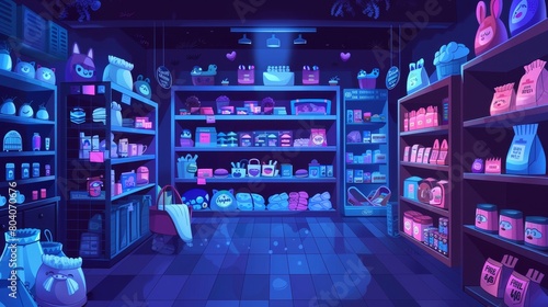 An animal pet toy store at night. Cartoon background showing a supermarket interior with a cat or dog care accessory to buy. Domestic canine cage, feed bag, bowl and sleep pillow elements in a market photo