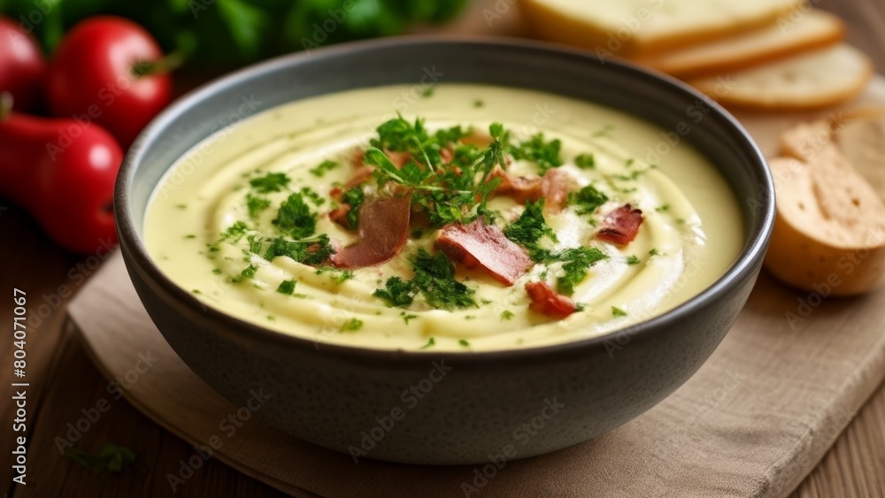 Creamy soup with bacon and herbs served with crusty bread Creamy soup with bacon and herbs served with crusty bread