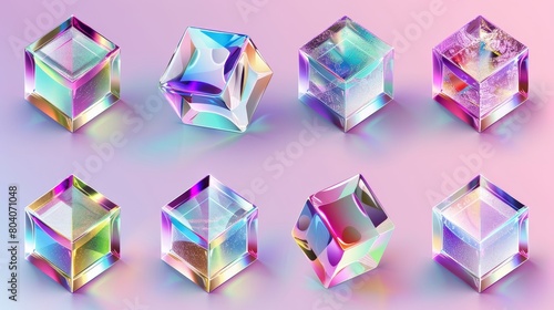 A set of holographic 3D glass cubes isolated on a transparent background. Modern realistic illustration of a crystal block from all sides.