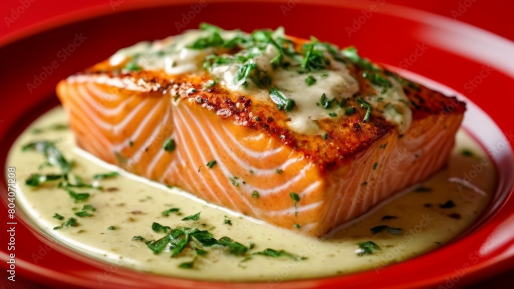 Deliciously grilled salmon with creamy sauce and fresh herbs Deliciously grilled salmon with creamy sauce and fresh herbs