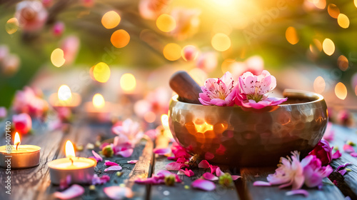 Singing bowl with blooming cherry blossoms  surrounded by candles on a wooden surface  illuminated by the warm glow of sunset  a serene and tranquil atmosphere for meditation and relaxation.