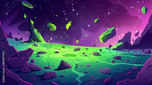 The surface of a green alien planet contains toxic neon in cracks and scattered stones as a result of an explosion or collision with a meteorite. Modern cartoon illustration of the end of the world.