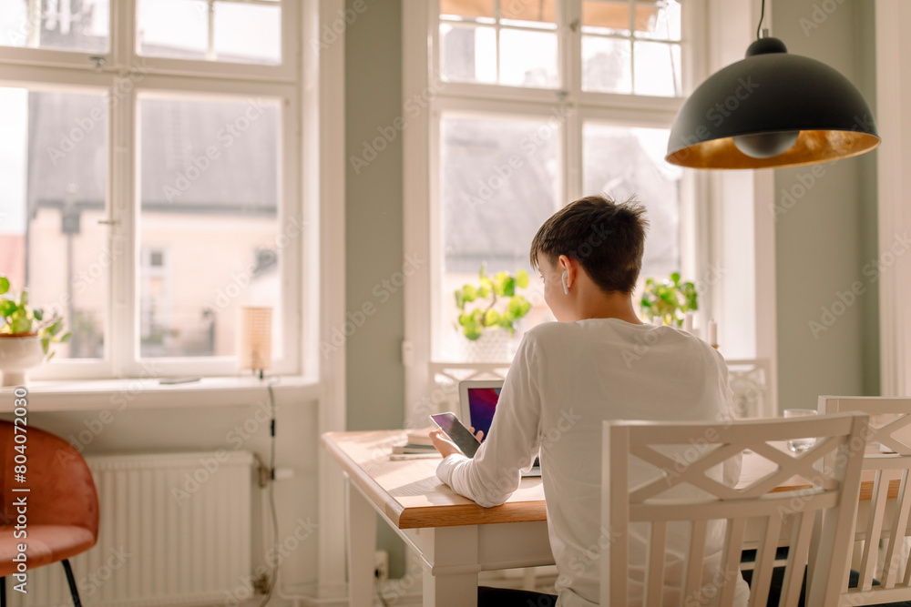 Rear view of young businesswoman using smart phone while sitting at dining table in kitchen Rear view of young businesswoman using smart phone while sitting at dining table in kitchen