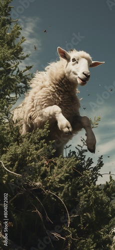 a sheep jumping out of a tree in her picture