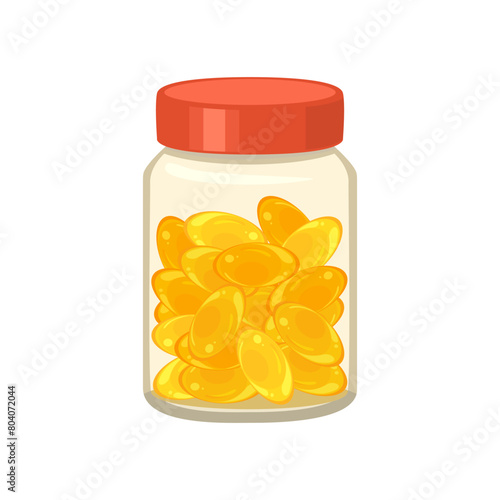 Bottle with yellow soft gel capsules. Vector cartoon flat illustration of fish oil supplement. Pills icon.
