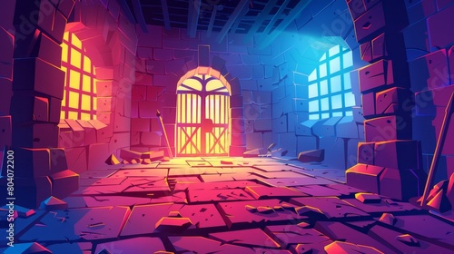 Medieval castle prison dungeon cell background with broken door and messy dark interior with stone on the floor. Brick masonry wall with cage gate in punishment tower illustration.