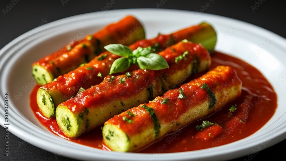 Delicious stuffed zucchini boats in marinara sauce ready to be savored Delicious stuffed zucchini boats in marinara sauce ready to be savored