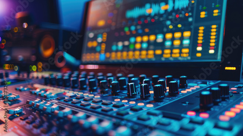 Close-Up of Mixer and Equalizer on Music Studio Control Desk