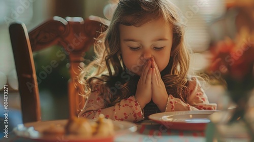 A young girl closes her eyes in prayer at a family meal