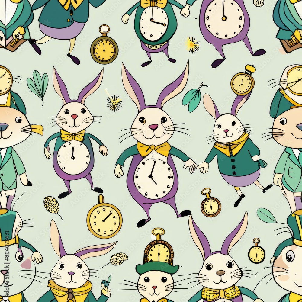 Seamless pattern of whimsical rabbits and their pocket watches, Generative AI Seamless pattern of whimsical rabbits and their pocket watches, Generative AI