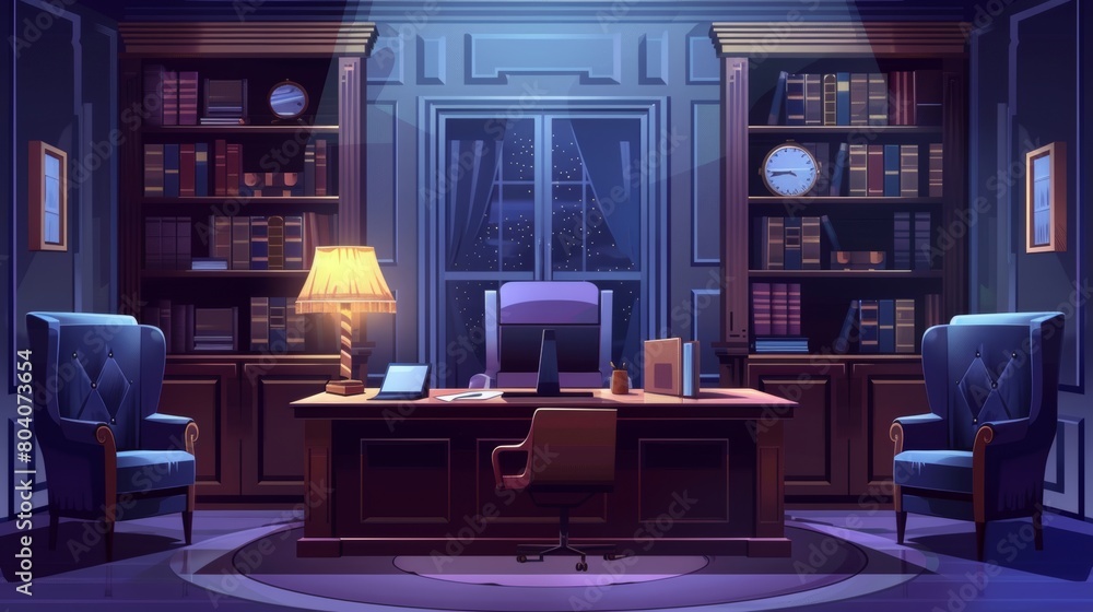 At night, a dark CEO office with computer on desk, chair, and documents in cabinet with shelves, armchairs, and clock. A ceo or director's workspace lit by a lamp. At night, a dark CEO office with computer on desk, chair, and documents in cabinet with shelves, armchairs, and clock. A ceo or director's workspace lit by a lamp.