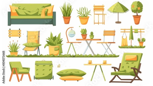 The terrace home interior and garden furniture modern set. The summer balcony design isolated object. Comfortable house patio decoration. The homey coziness of a green plant, armchair and table is a