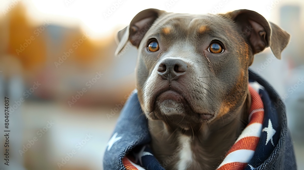 American Charm: Close-Up Portrait of a Pitbull with a Patriotic Star and Stripes Garment