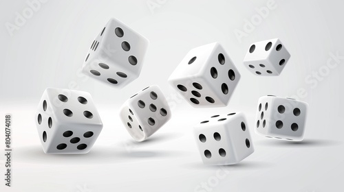 Playing dice 3D - realistic modern white cube with different numbers of dots from 1 to 6. Six-sided spot dice for poker, backgammon, and craps.