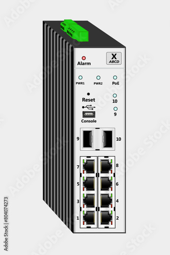 Industrial PoE Ethernet switch for DIN rail mounting. Contains 8 RJ-45 Ethernet ports, 2 fiber optic SFP ports, one USB console port. At the top is the power connector. Vector illustration.
