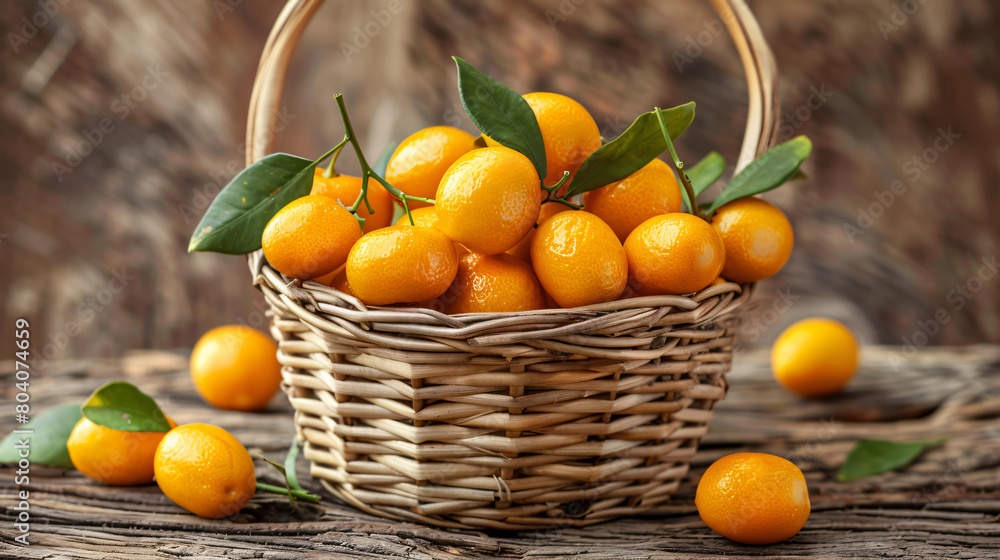 Basket with tasty kumquat fruits on wooden table
