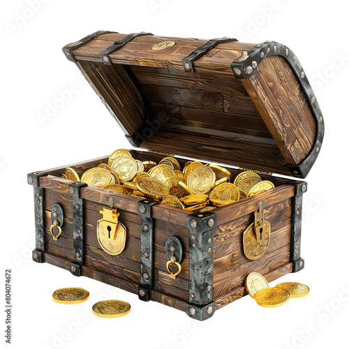 gold chest, treasure chest containing gold coins, on transparent background photo