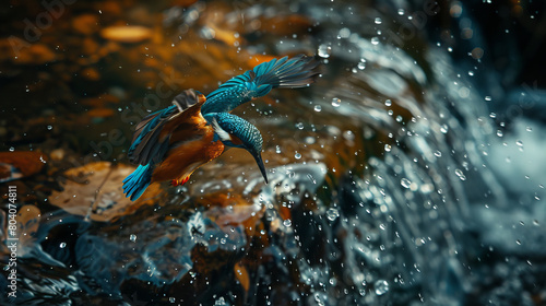 A bird is flying over a stream of water