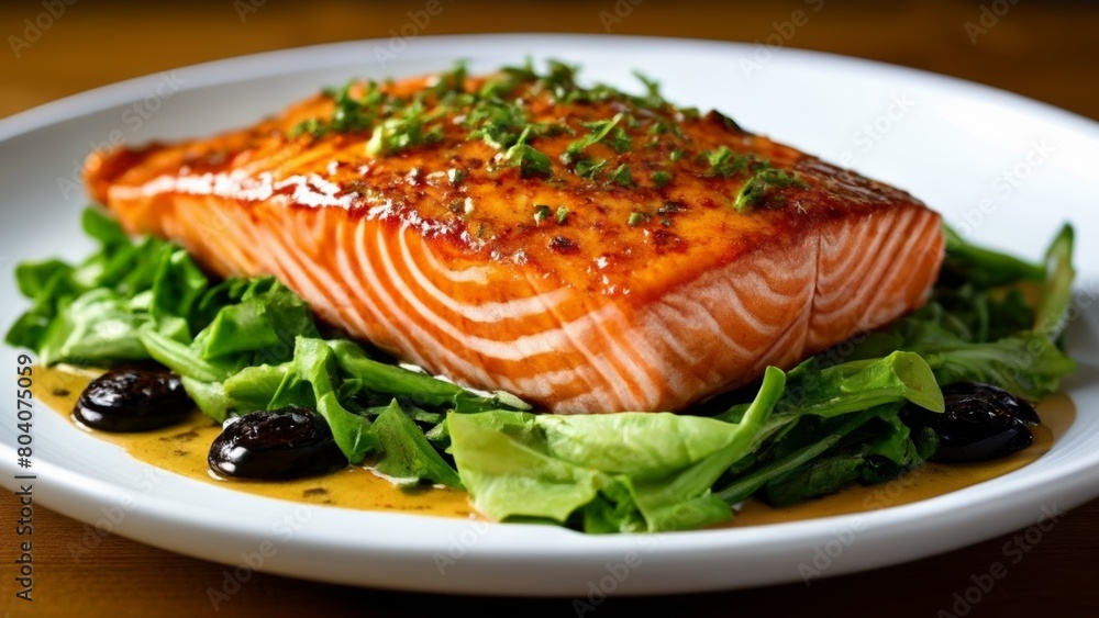 Deliciously grilled salmon with a side of fresh greens Deliciously grilled salmon with a side of fresh greens